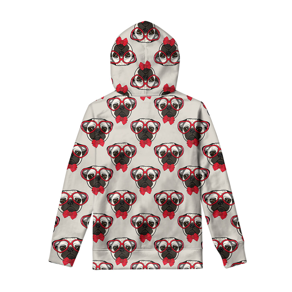 Red Glasses Pug Pattern Print Pullover Hoodie