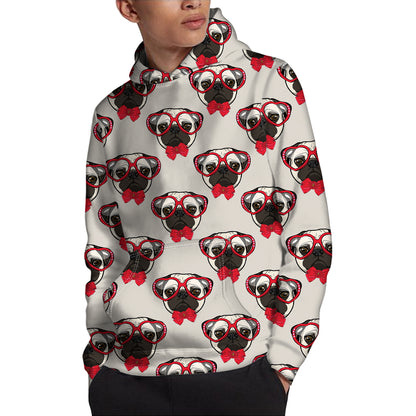 Red Glasses Pug Pattern Print Pullover Hoodie