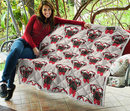 Red Glasses Pug Pattern Print Quilt