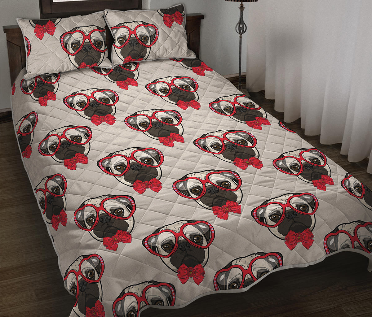 Red Glasses Pug Pattern Print Quilt Bed Set