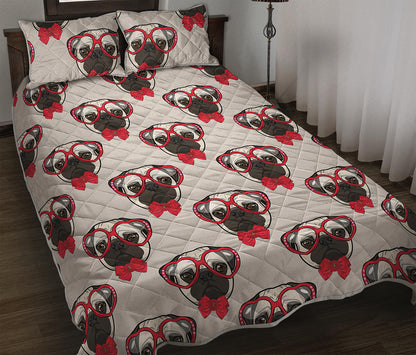 Red Glasses Pug Pattern Print Quilt Bed Set