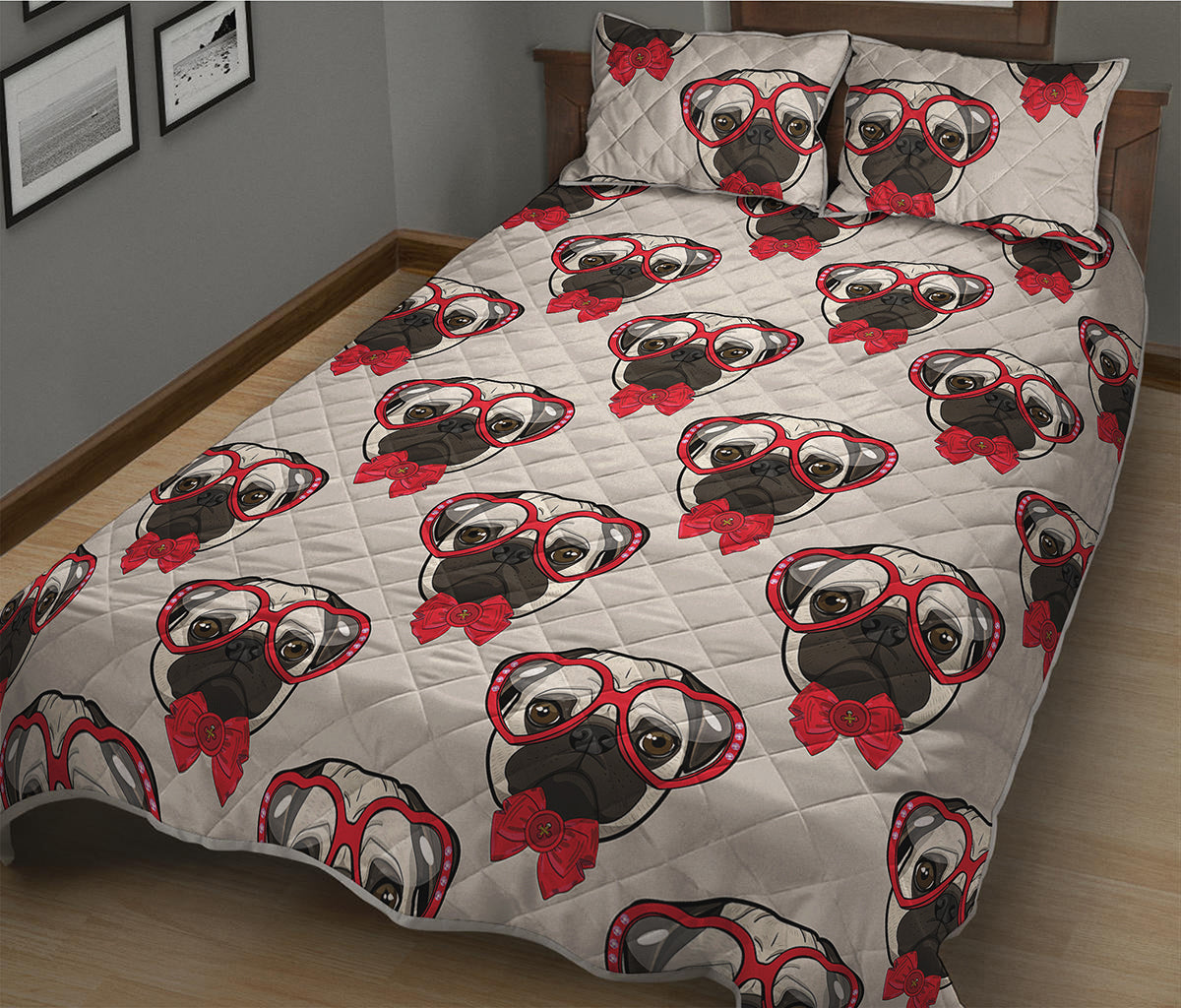 Red Glasses Pug Pattern Print Quilt Bed Set