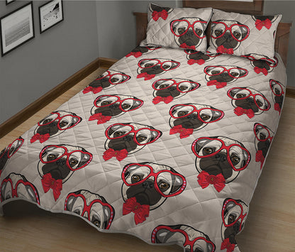 Red Glasses Pug Pattern Print Quilt Bed Set
