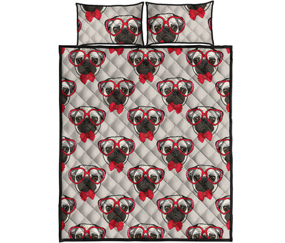 Red Glasses Pug Pattern Print Quilt Bed Set