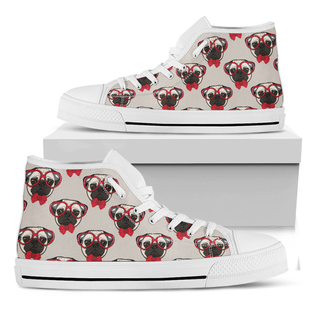 Red Glasses Pug Pattern Print White High Top Shoes