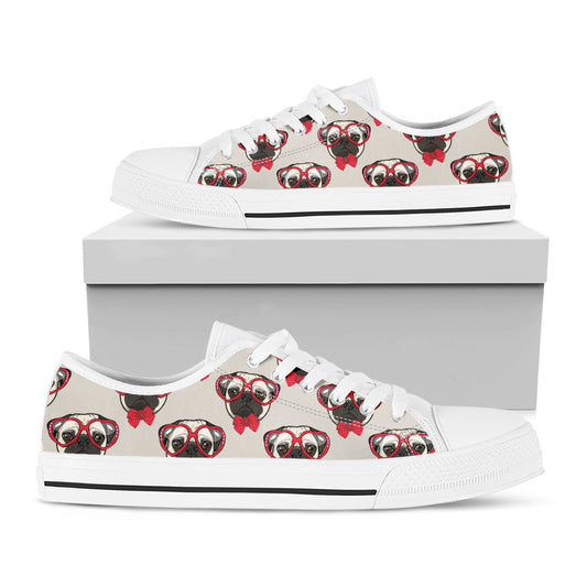 Red Glasses Pug Pattern Print White Low Top Shoes