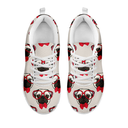 Red Glasses Pug Pattern Print White Sneakers