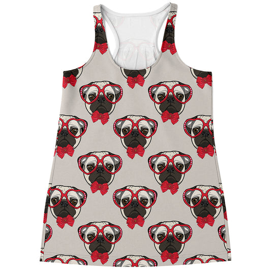 Red Glasses Pug Pattern Print Women's Racerback Tank Top