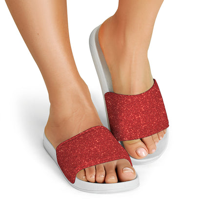 Red Glitter Artwork Print (NOT Real Glitter) White Slide Sandals
