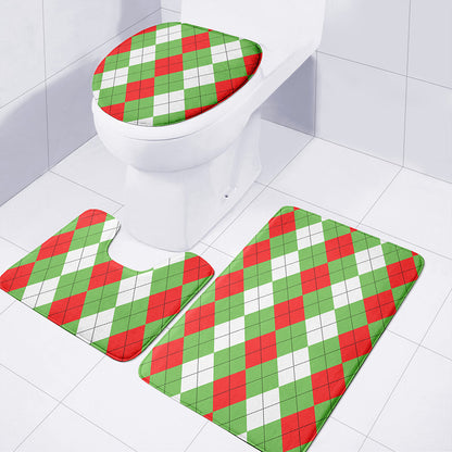 Red Green And White Argyle Pattern Print 3 Piece Bath Mat Set