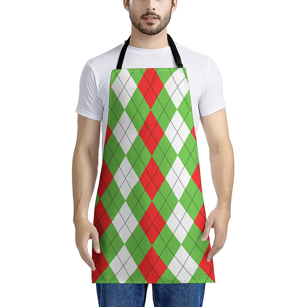 Red Green And White Argyle Pattern Print Apron