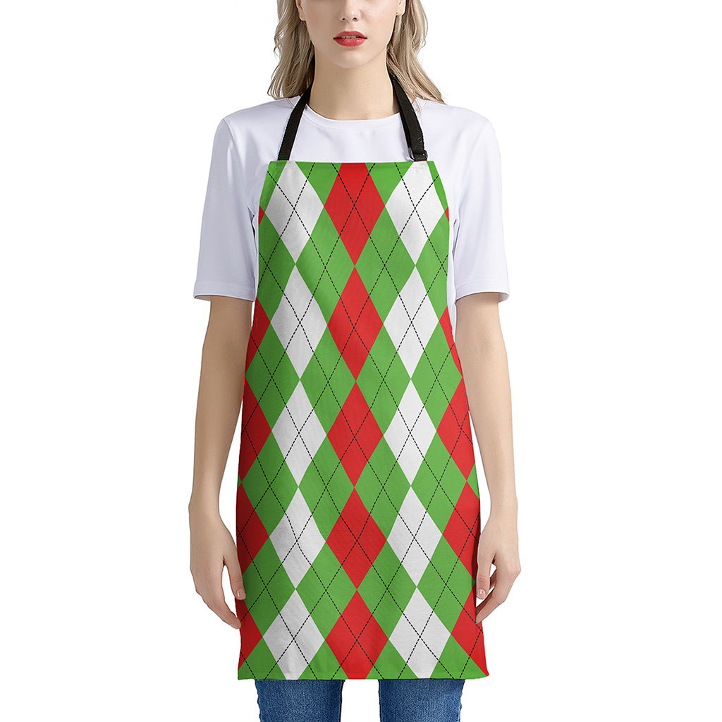 Red Green And White Argyle Pattern Print Apron