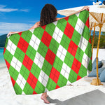 Red Green And White Argyle Pattern Print Beach Sarong Wrap