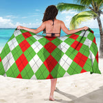 Red Green And White Argyle Pattern Print Beach Sarong Wrap