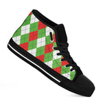 Red Green And White Argyle Pattern Print Black High Top Shoes