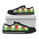 Red Green And White Argyle Pattern Print Black Low Top Shoes