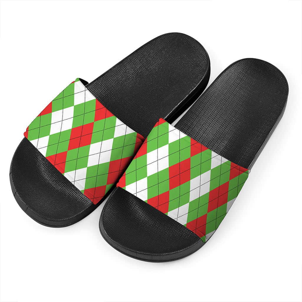 Red Green And White Argyle Pattern Print Black Slide Sandals