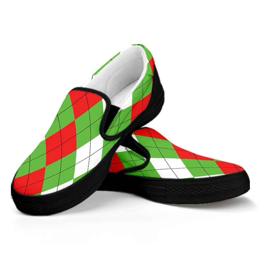 Red Green And White Argyle Pattern Print Black Slip On Shoes