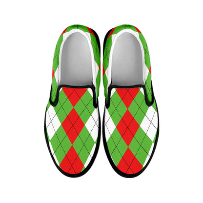 Red Green And White Argyle Pattern Print Black Slip On Shoes