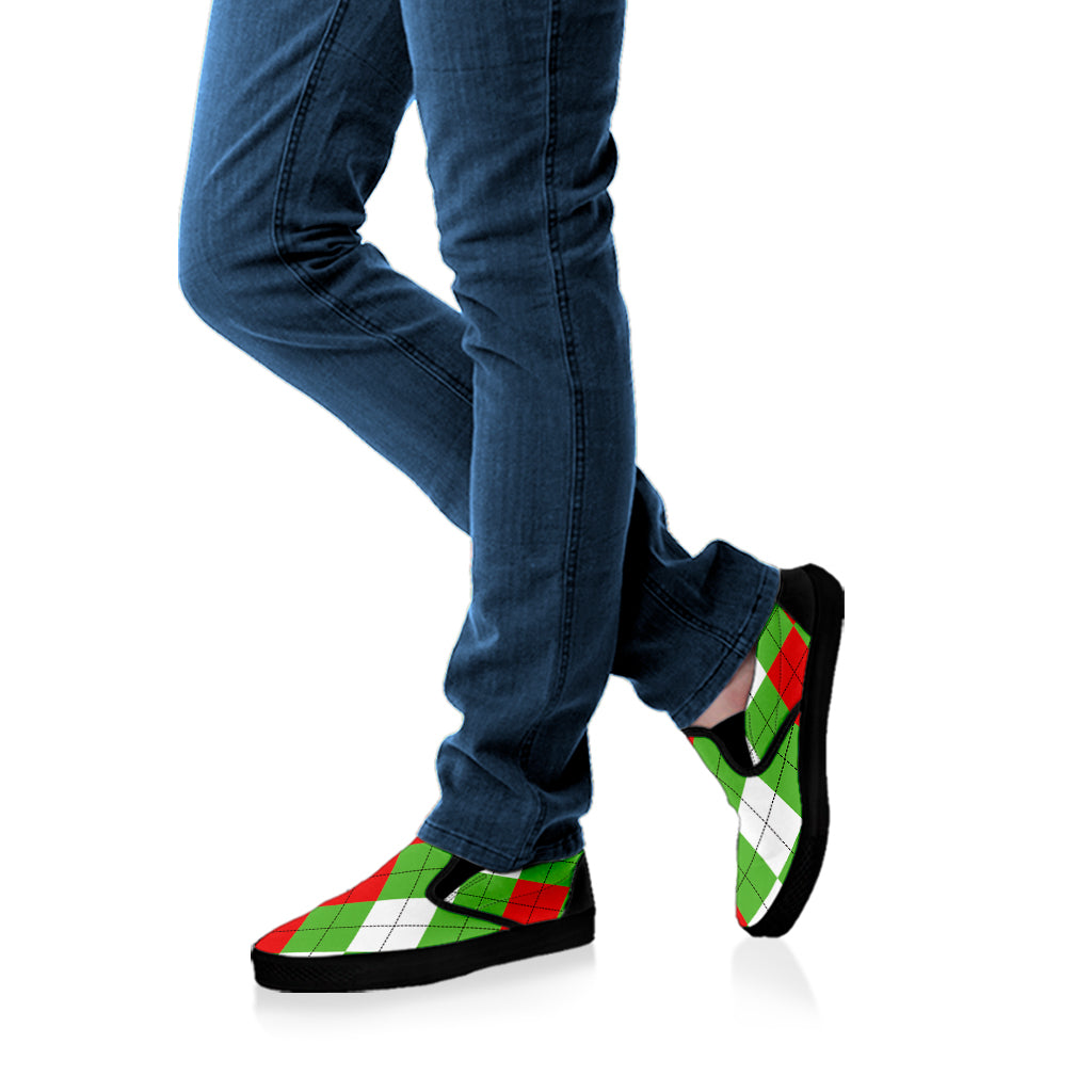 Red Green And White Argyle Pattern Print Black Slip On Shoes