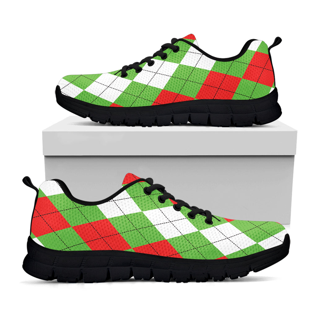 Red Green And White Argyle Pattern Print Black Sneakers
