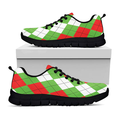 Red Green And White Argyle Pattern Print Black Sneakers