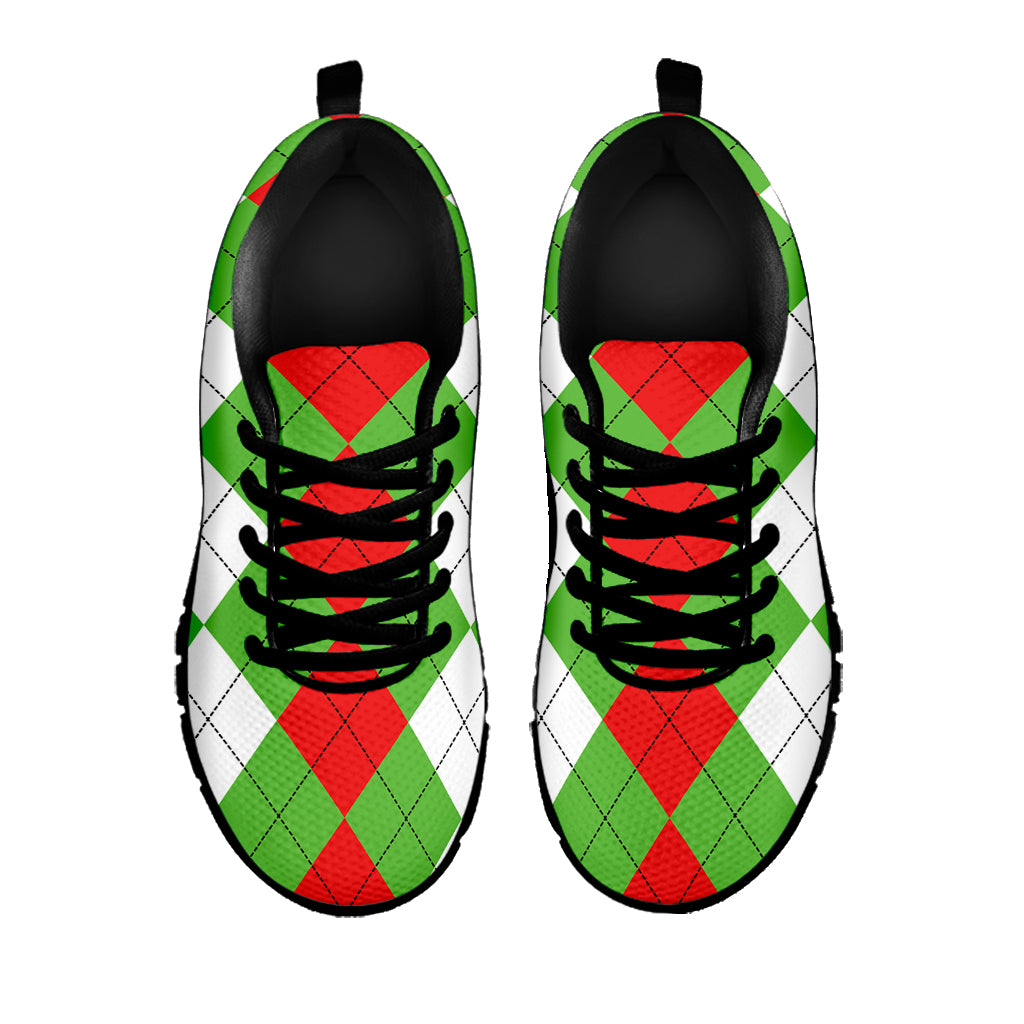 Red Green And White Argyle Pattern Print Black Sneakers