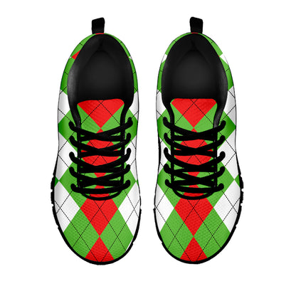 Red Green And White Argyle Pattern Print Black Sneakers