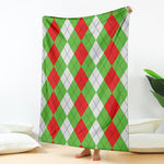 Red Green And White Argyle Pattern Print Blanket