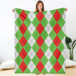 Red Green And White Argyle Pattern Print Blanket