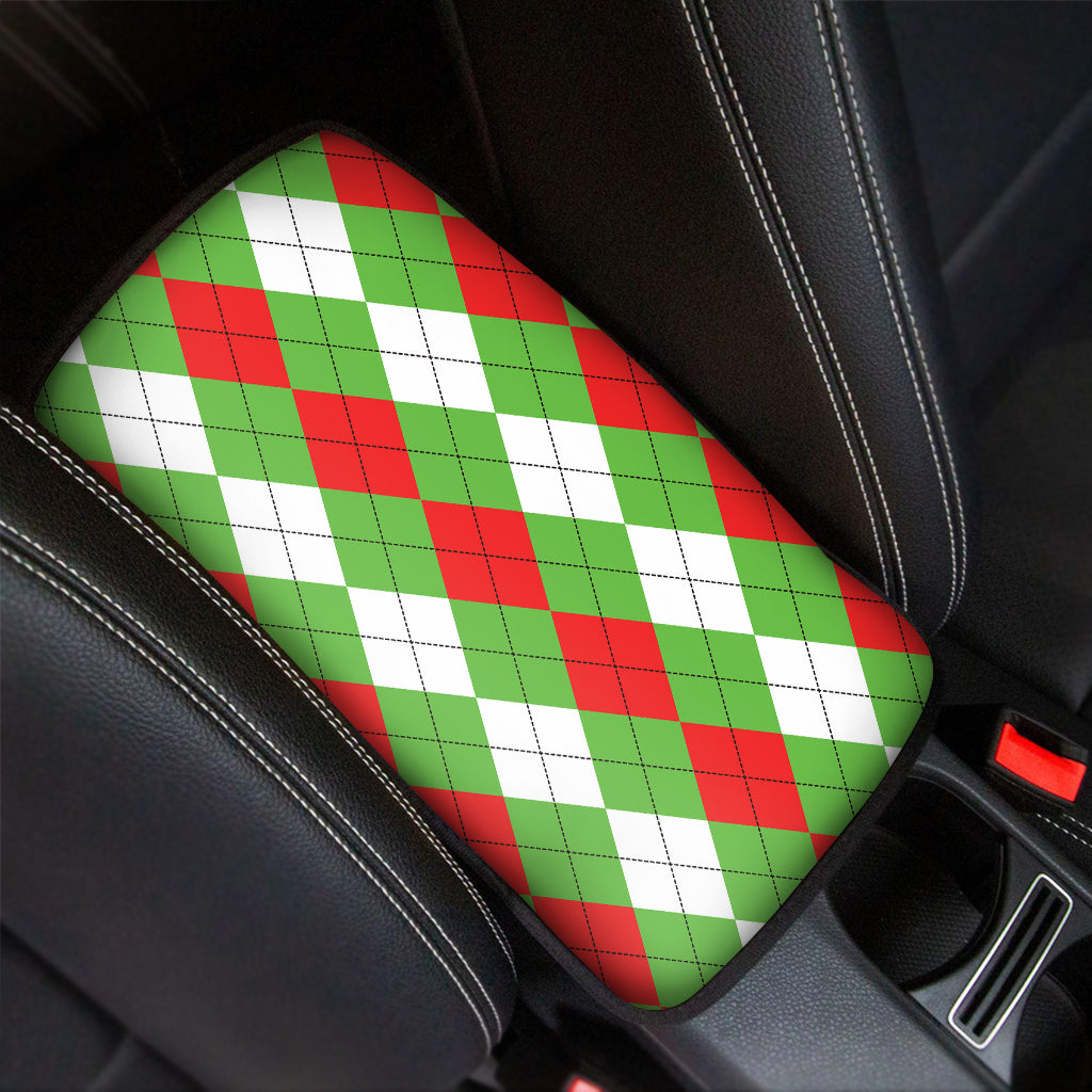 Red Green And White Argyle Pattern Print Car Center Console Cover