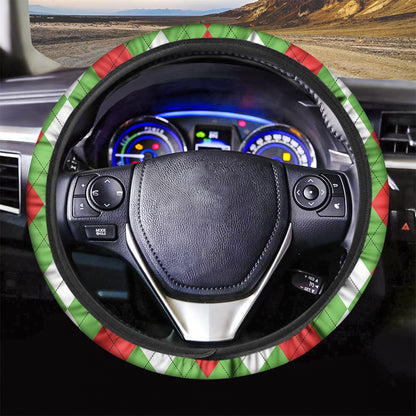 Red Green And White Argyle Pattern Print Car Steering Wheel Cover