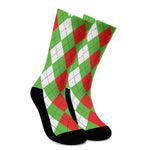 Red Green And White Argyle Pattern Print Crew Socks