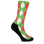 Red Green And White Argyle Pattern Print Crew Socks