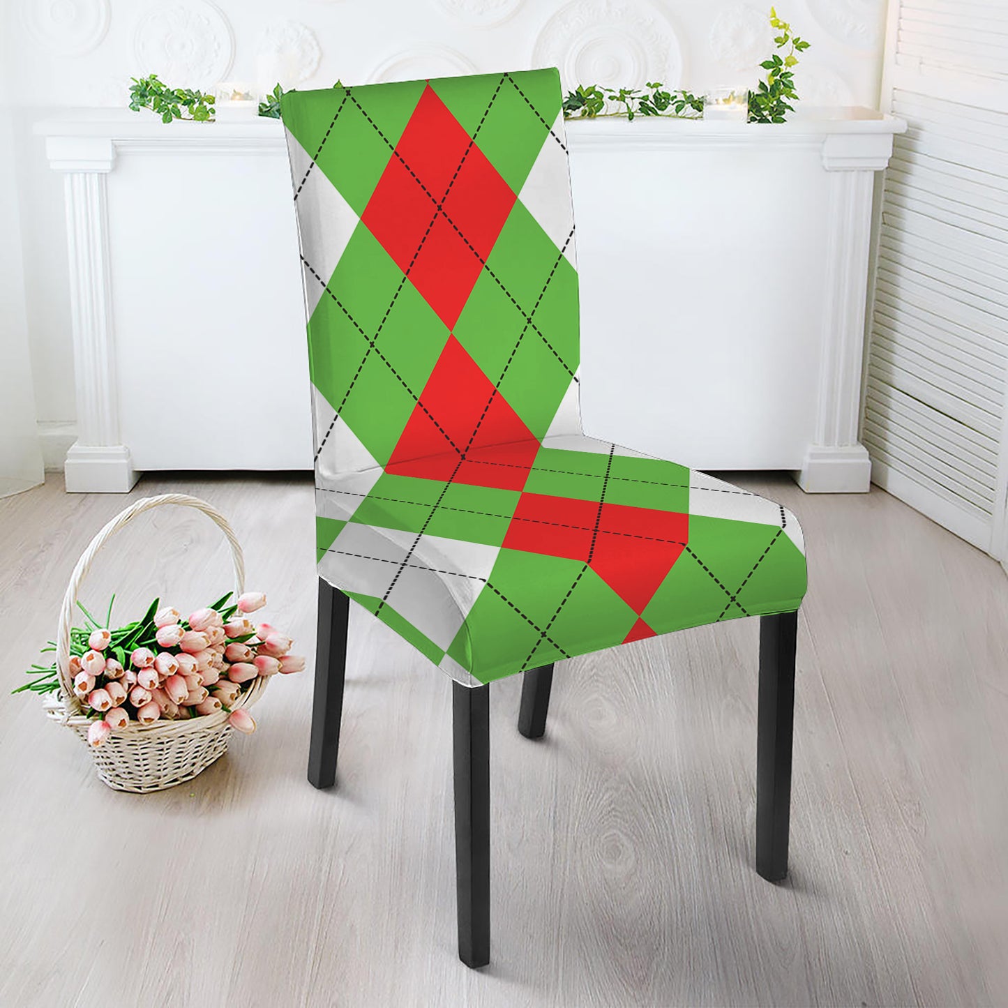 Red Green And White Argyle Pattern Print Dining Chair Slipcover