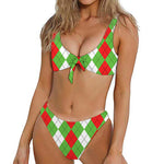 Red Green And White Argyle Pattern Print Front Bow Tie Bikini