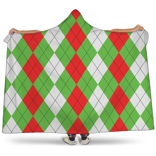 Red Green And White Argyle Pattern Print Hooded Blanket