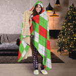 Red Green And White Argyle Pattern Print Hooded Blanket
