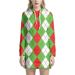 Red Green And White Argyle Pattern Print Hoodie Dress