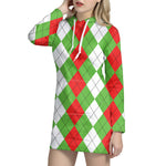 Red Green And White Argyle Pattern Print Hoodie Dress