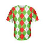Red Green And White Argyle Pattern Print Men's Baseball Jersey