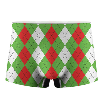 Red Green And White Argyle Pattern Print Men's Boxer Briefs