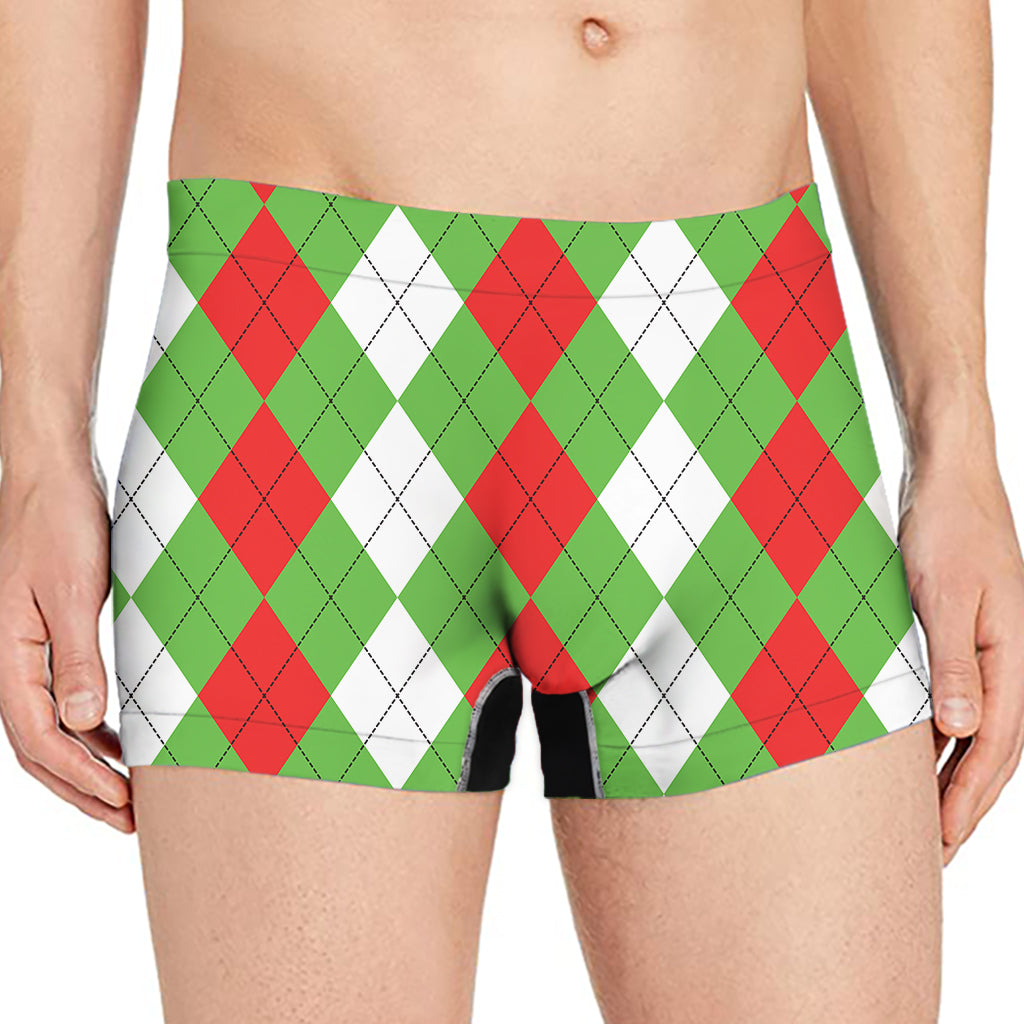 Red Green And White Argyle Pattern Print Men's Boxer Briefs
