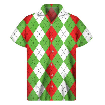 Red Green And White Argyle Pattern Print Men's Short Sleeve Shirt