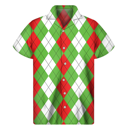 Red Green And White Argyle Pattern Print Men's Short Sleeve Shirt