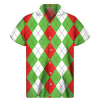 Red Green And White Argyle Pattern Print Men's Short Sleeve Shirt