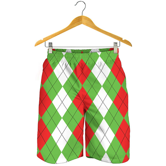 Red Green And White Argyle Pattern Print Men's Shorts
