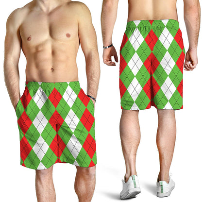 Red Green And White Argyle Pattern Print Men's Shorts
