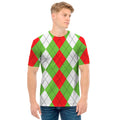Red Green And White Argyle Pattern Print Men's T-Shirt