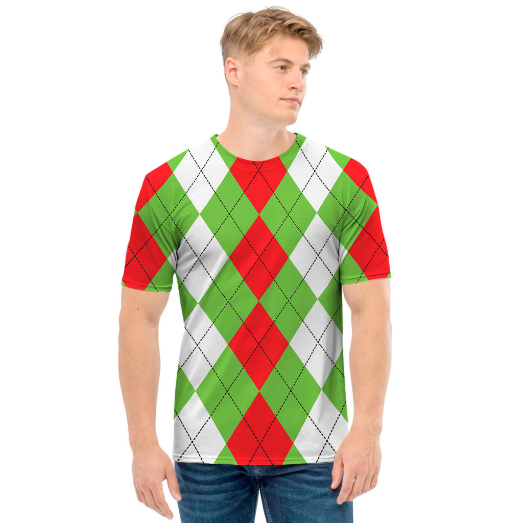 Red Green And White Argyle Pattern Print Men's T-Shirt